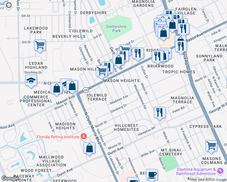 map of restaurants, bars, coffee shops, grocery stores, and more near 728 Berkshire Road in Daytona Beach