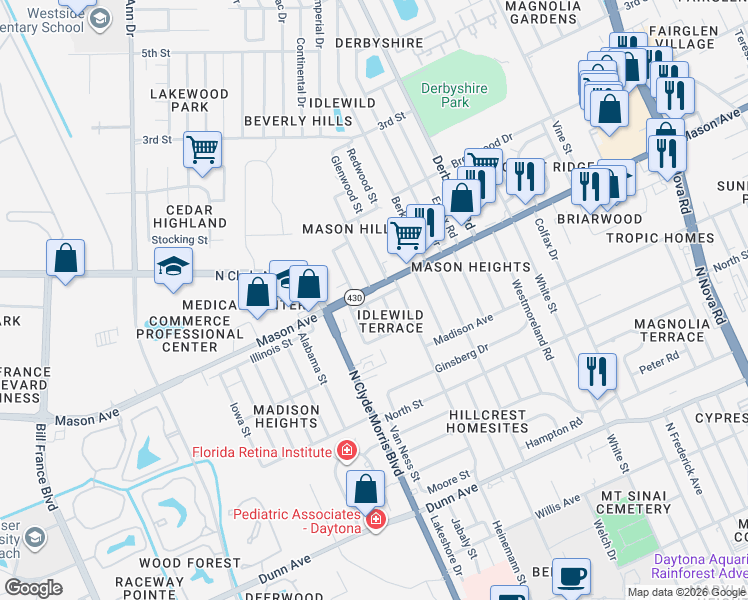 map of restaurants, bars, coffee shops, grocery stores, and more near Milton Drive in Daytona Beach