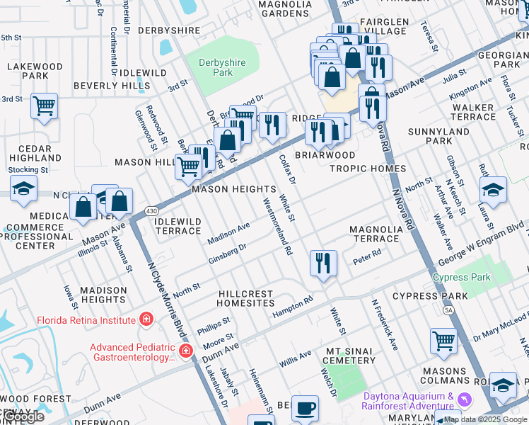 map of restaurants, bars, coffee shops, grocery stores, and more near 1120 Madison Ave in Daytona Beach