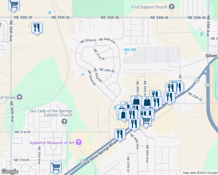 map of restaurants, bars, coffee shops, grocery stores, and more near 4550 Northeast 27th Street in Ocala