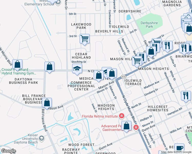 map of restaurants, bars, coffee shops, grocery stores, and more near 820 North Clyde Morris Boulevard in Daytona Beach