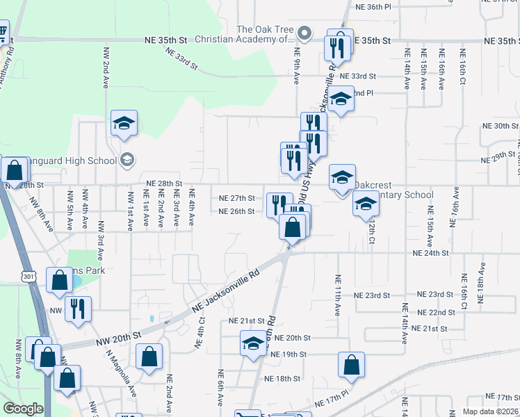 map of restaurants, bars, coffee shops, grocery stores, and more near 713 Northeast 26th Street in Ocala