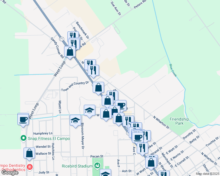 map of restaurants, bars, coffee shops, grocery stores, and more near 1915 North Wharton Street in El Campo