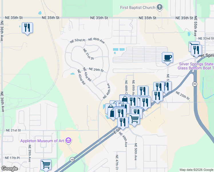 map of restaurants, bars, coffee shops, grocery stores, and more near 2662 Northeast 46th Avenue in Ocala