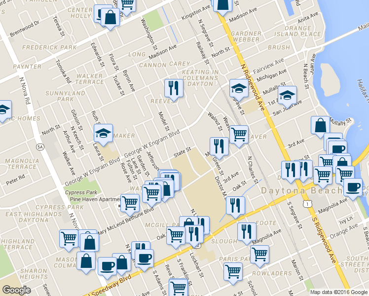 map of restaurants, bars, coffee shops, grocery stores, and more near 636 State Street in Daytona Beach