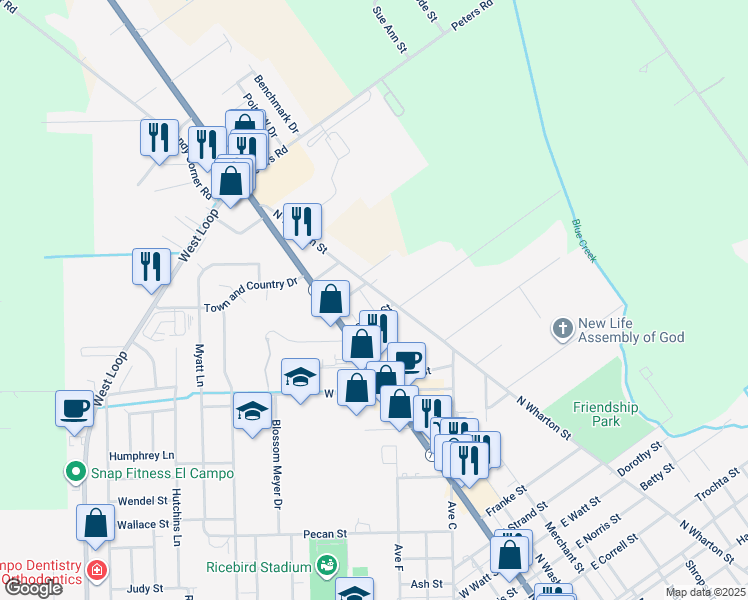 map of restaurants, bars, coffee shops, grocery stores, and more near 1915 North Wharton Street in El Campo