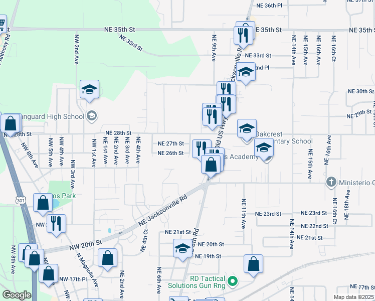 map of restaurants, bars, coffee shops, grocery stores, and more near 721 Northeast 26th Street in Ocala