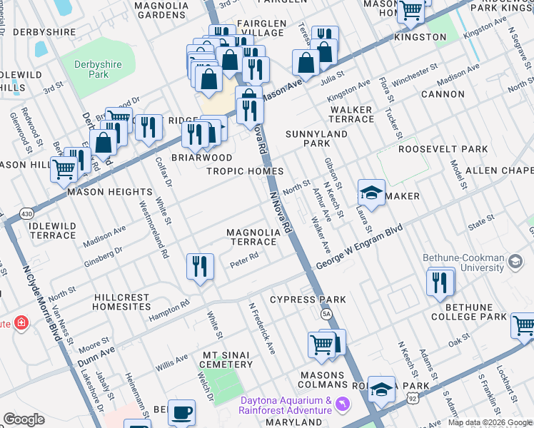 map of restaurants, bars, coffee shops, grocery stores, and more near 551 Mark Avenue in Daytona Beach