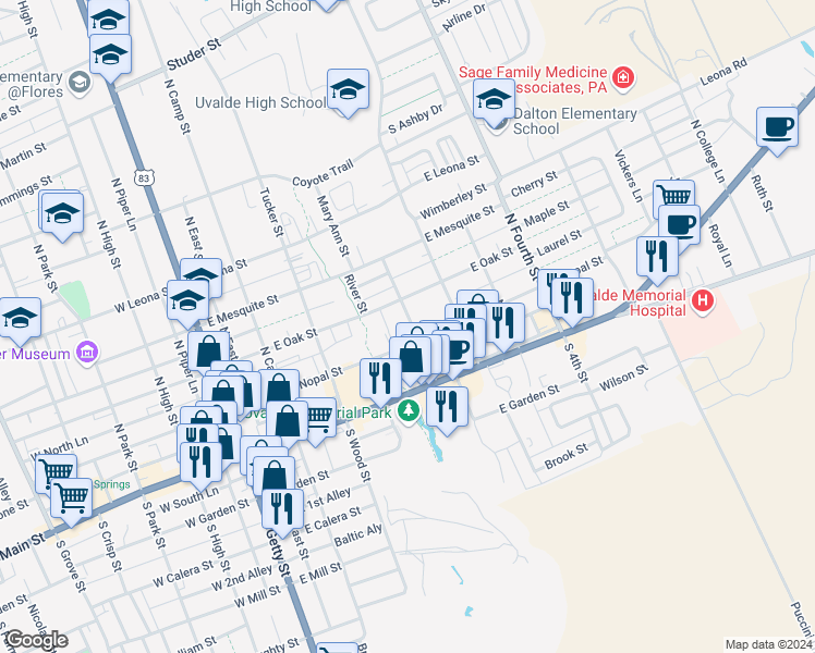map of restaurants, bars, coffee shops, grocery stores, and more near 205 North 1st Street in Uvalde