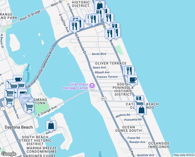 map of restaurants, bars, coffee shops, grocery stores, and more near 309 Eastwood Lane in Daytona Beach