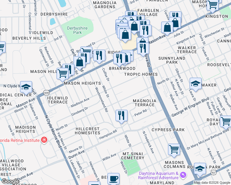 map of restaurants, bars, coffee shops, grocery stores, and more near 1090 Margaret Drive in Daytona Beach