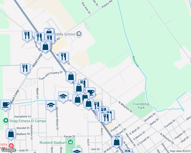 map of restaurants, bars, coffee shops, grocery stores, and more near 1610 North Wharton Street in El Campo