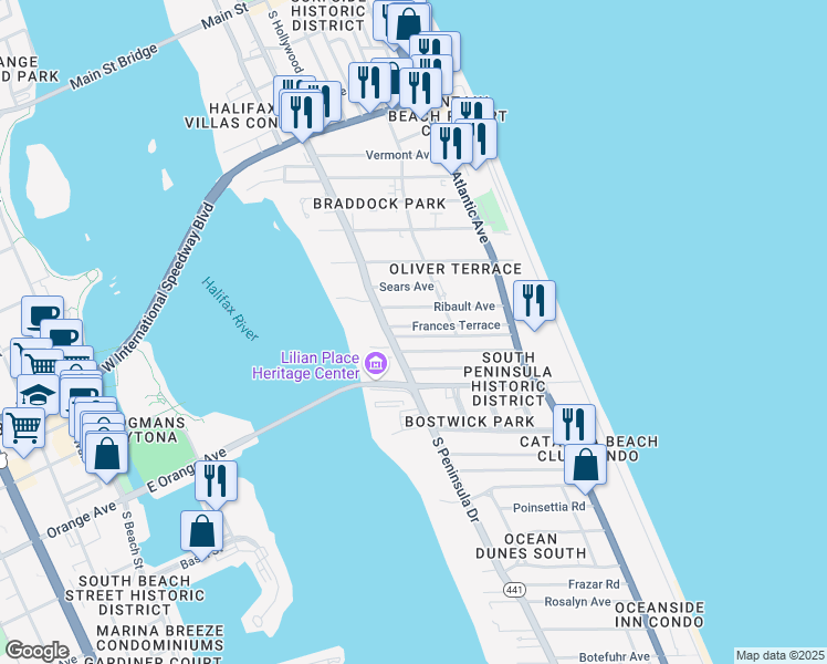 map of restaurants, bars, coffee shops, grocery stores, and more near 326 Frances Terrace in Daytona Beach