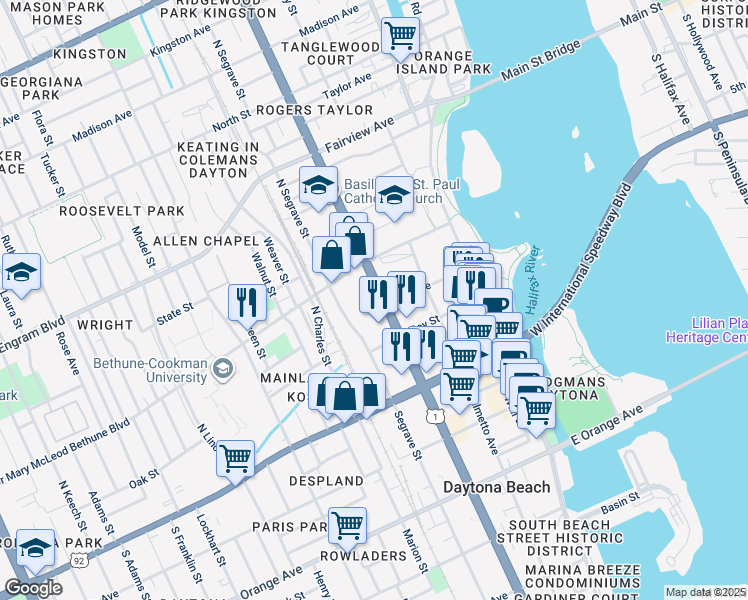 map of restaurants, bars, coffee shops, grocery stores, and more near 236 North Ridgewood Avenue in Daytona Beach