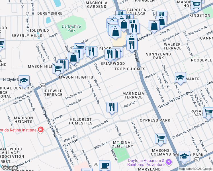 map of restaurants, bars, coffee shops, grocery stores, and more near 1090 Margaret Drive in Daytona Beach