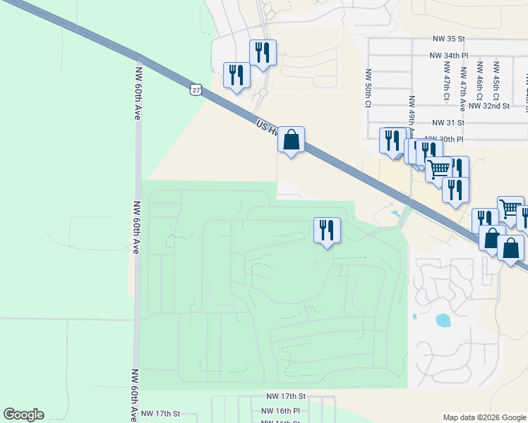 map of restaurants, bars, coffee shops, grocery stores, and more near 5500 Northwest 26th Lane in Ocala