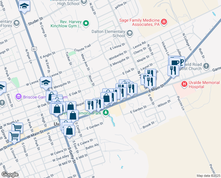 map of restaurants, bars, coffee shops, grocery stores, and more near 524 East Nopal Street in Uvalde
