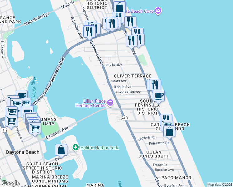 map of restaurants, bars, coffee shops, grocery stores, and more near 312 Frances Terrace in Daytona Beach