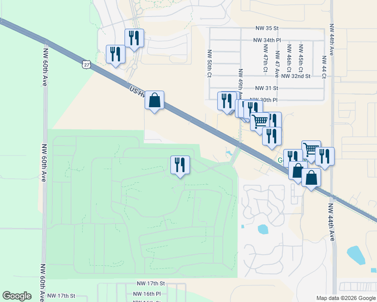 map of restaurants, bars, coffee shops, grocery stores, and more near 5190 Northwest 26th Lane in Ocala