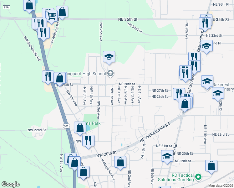 map of restaurants, bars, coffee shops, grocery stores, and more near 2613 Northeast 1st Avenue in Ocala