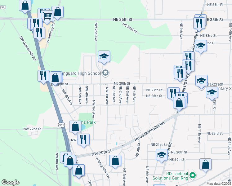 map of restaurants, bars, coffee shops, grocery stores, and more near 2613 NE 1st Ave in Ocala