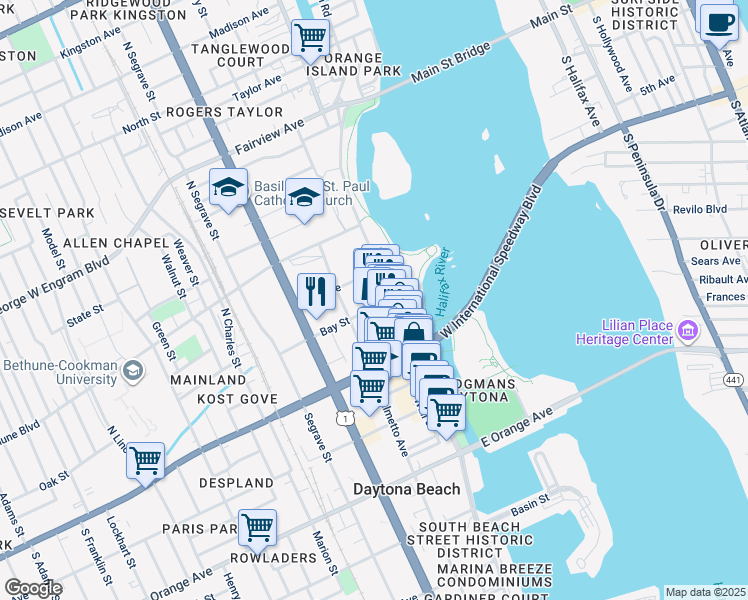 map of restaurants, bars, coffee shops, grocery stores, and more near 112 Bay Street in Daytona Beach