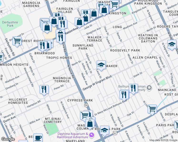 map of restaurants, bars, coffee shops, grocery stores, and more near 500 North Keech Street in Daytona Beach