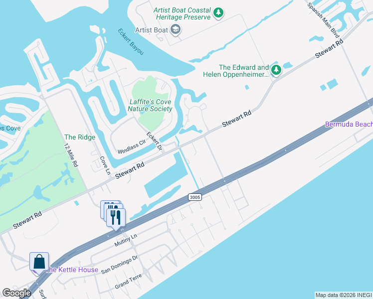 map of restaurants, bars, coffee shops, grocery stores, and more near 13429 Stewart Road in Galveston
