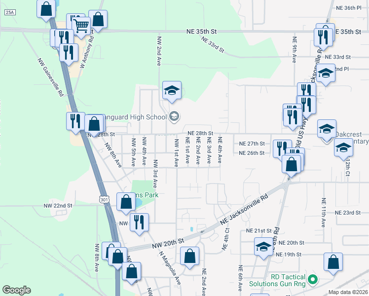 map of restaurants, bars, coffee shops, grocery stores, and more near 2613 Northeast 1st Avenue in Ocala