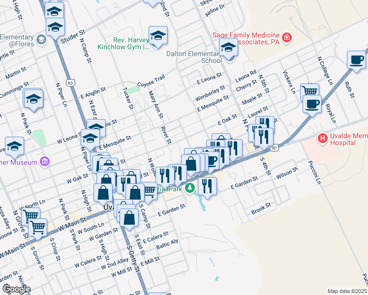 map of restaurants, bars, coffee shops, grocery stores, and more near 205 North 1st Street in Uvalde