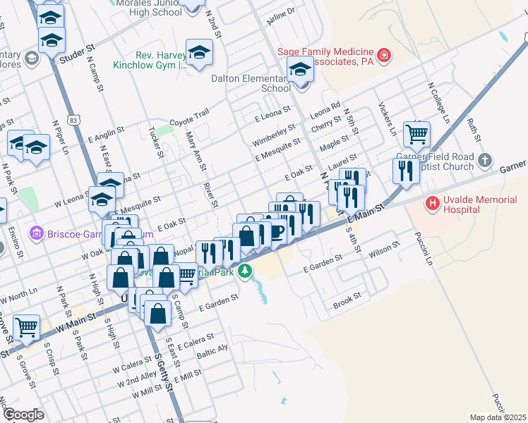 map of restaurants, bars, coffee shops, grocery stores, and more near 524 East Nopal Street in Uvalde
