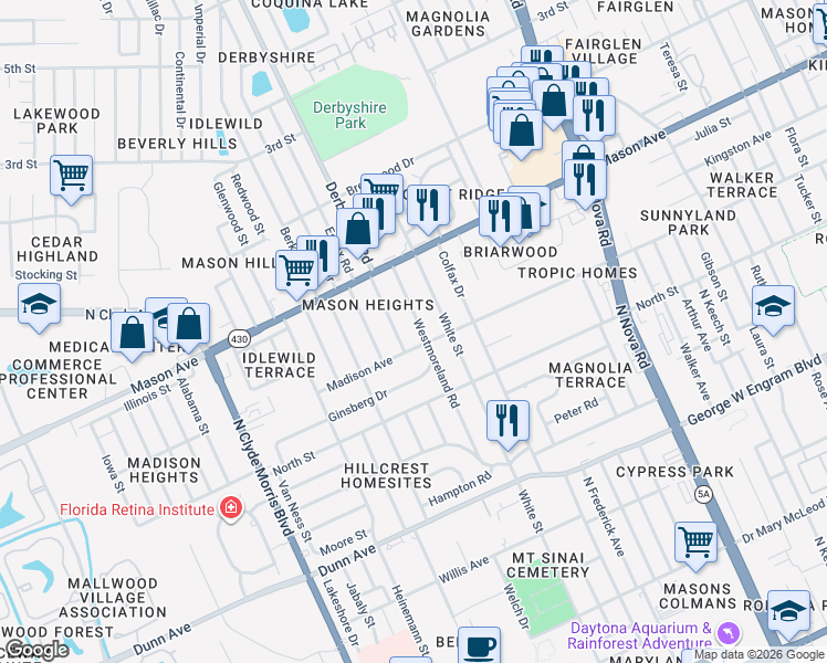 map of restaurants, bars, coffee shops, grocery stores, and more near 1120 Madison Avenue in Daytona Beach