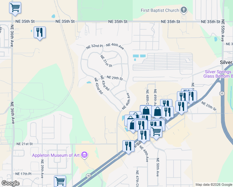 map of restaurants, bars, coffee shops, grocery stores, and more near 4550 Northeast 27th Street in Ocala