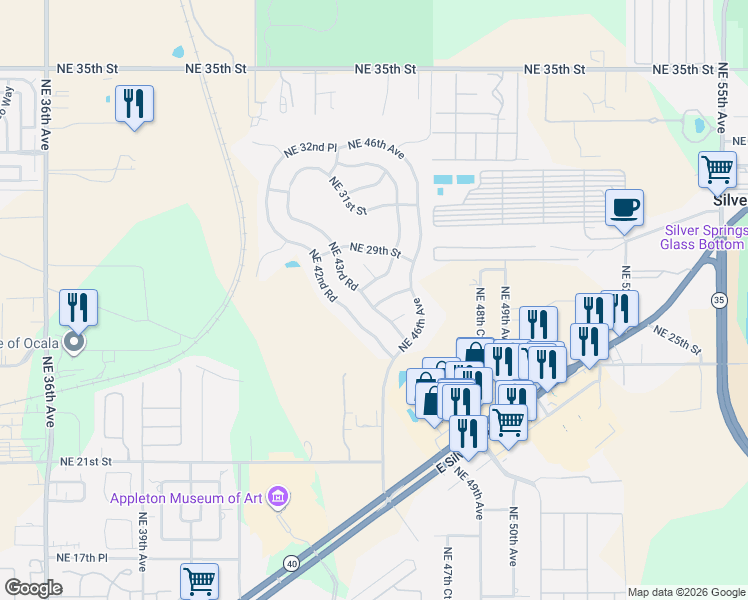 map of restaurants, bars, coffee shops, grocery stores, and more near 4550 Northeast 27th Street in Ocala