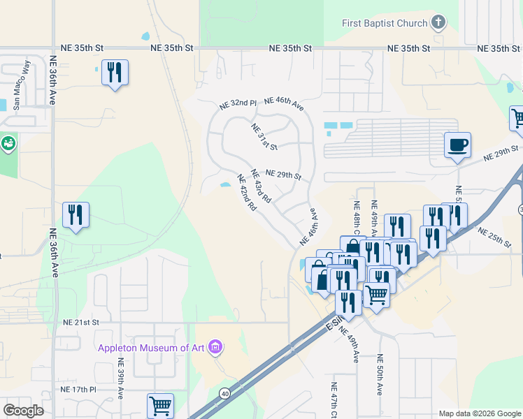 map of restaurants, bars, coffee shops, grocery stores, and more near 2685 Northeast 42nd Road in Ocala