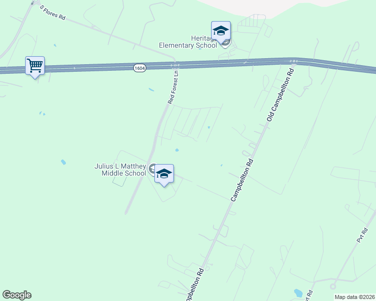 map of restaurants, bars, coffee shops, grocery stores, and more near 20767 Campbellton Road in San Antonio