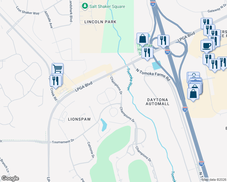 map of restaurants, bars, coffee shops, grocery stores, and more near 113 Carnival Drive in Daytona Beach