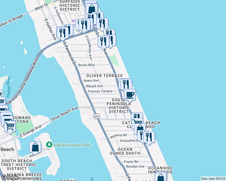 map of restaurants, bars, coffee shops, grocery stores, and more near 535 Eastwood Lane in Daytona Beach