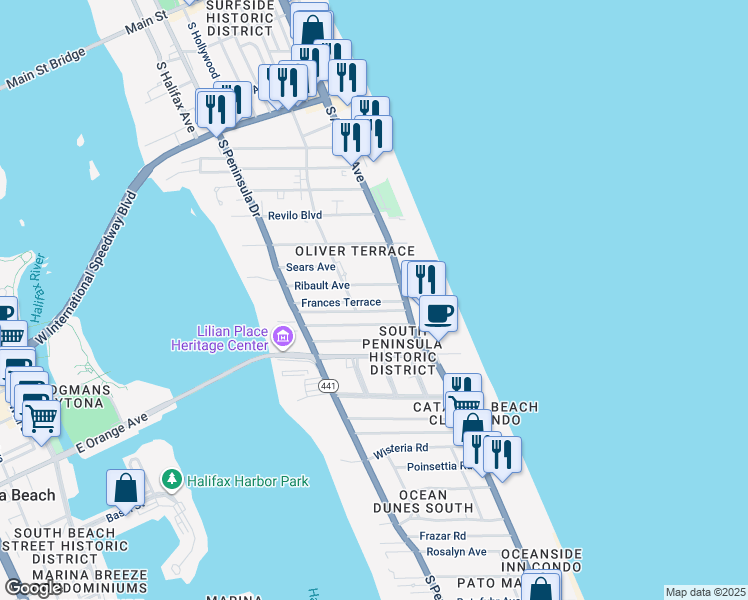 map of restaurants, bars, coffee shops, grocery stores, and more near 535 Eastwood Lane in Daytona Beach
