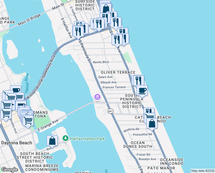 map of restaurants, bars, coffee shops, grocery stores, and more near 326 Frances Terrace in Daytona Beach