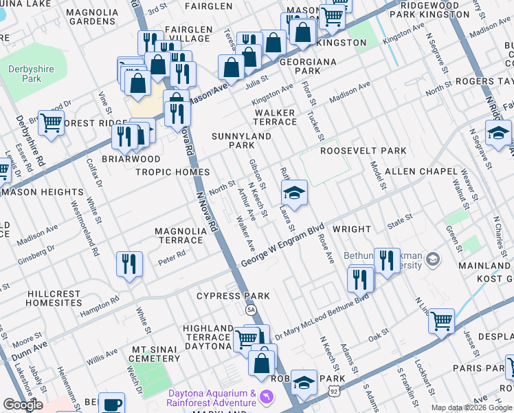 map of restaurants, bars, coffee shops, grocery stores, and more near 500 North Keech Street in Daytona Beach