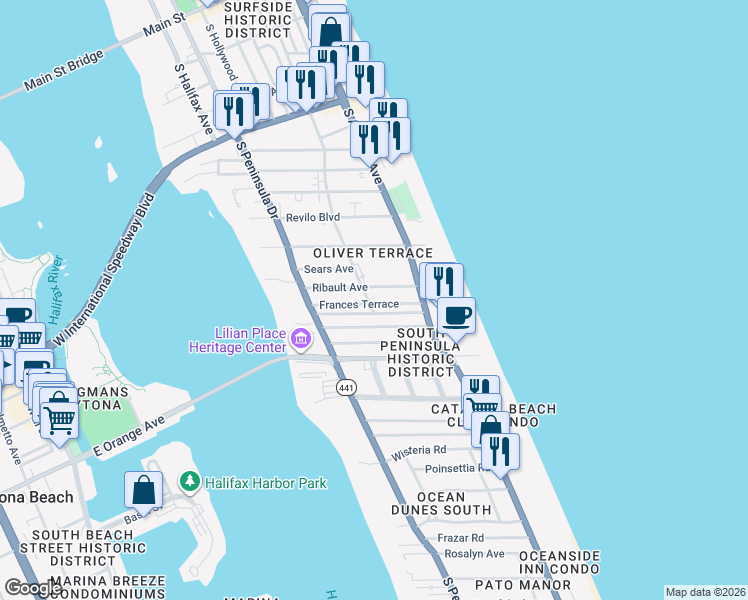 map of restaurants, bars, coffee shops, grocery stores, and more near 428 Eastwood Lane in Daytona Beach