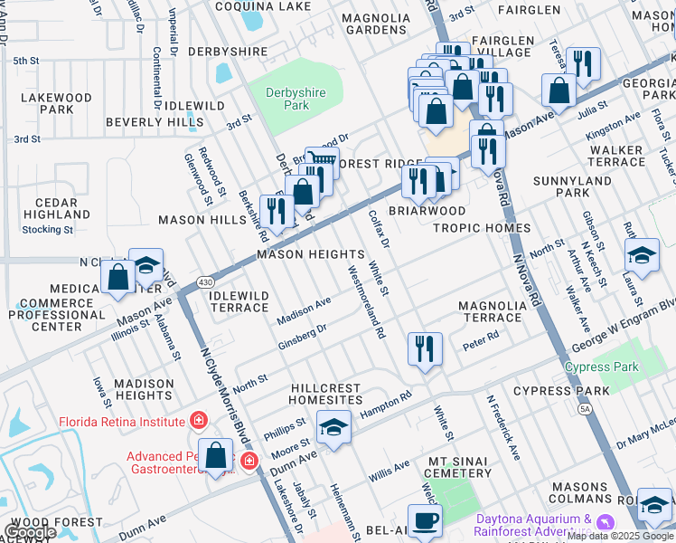 map of restaurants, bars, coffee shops, grocery stores, and more near 1120 Madison Avenue in Daytona Beach