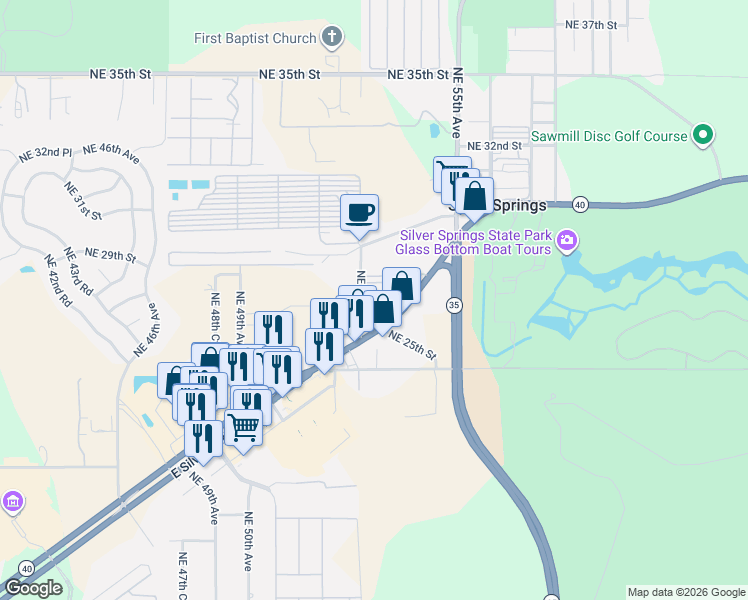 map of restaurants, bars, coffee shops, grocery stores, and more near 2620 Northeast 52nd Court in Silver Springs