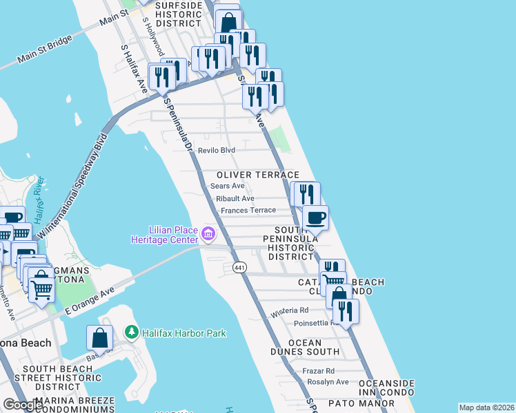 map of restaurants, bars, coffee shops, grocery stores, and more near 428 Eastwood Lane in Daytona Beach