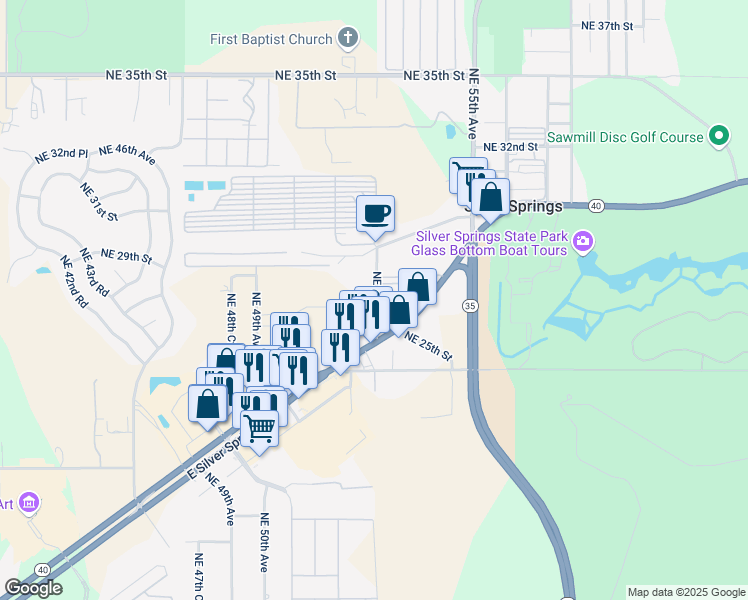 map of restaurants, bars, coffee shops, grocery stores, and more near 2620 Northeast 52nd Court in Silver Springs