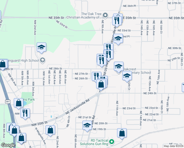 map of restaurants, bars, coffee shops, grocery stores, and more near 2601 Northeast 8th Avenue in Ocala