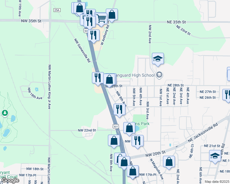map of restaurants, bars, coffee shops, grocery stores, and more near 2615 North Magnolia Avenue in Ocala