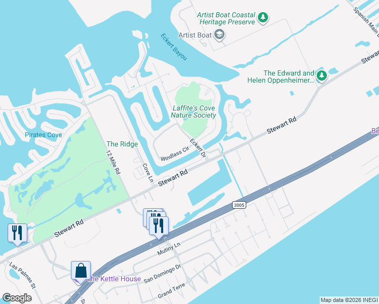 map of restaurants, bars, coffee shops, grocery stores, and more near 13560 Stewart Road in Galveston