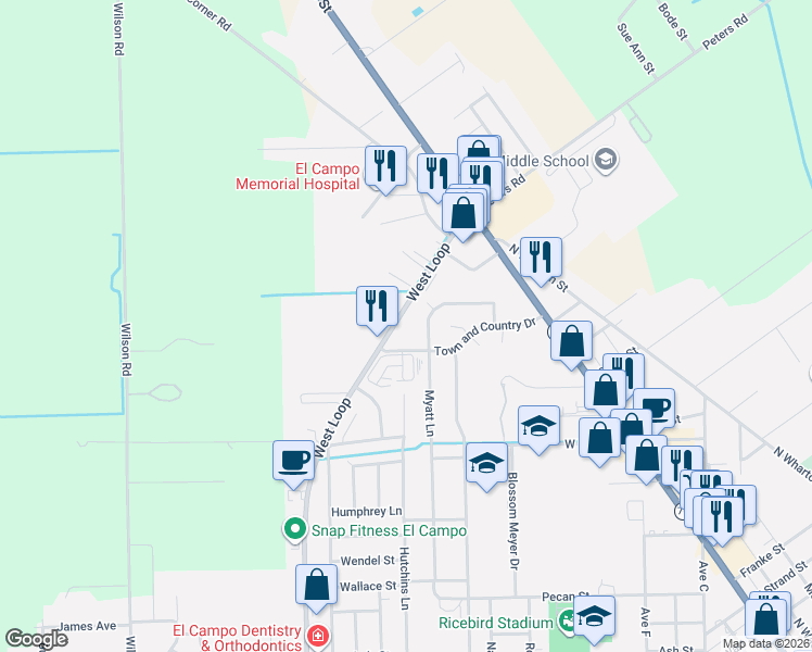 map of restaurants, bars, coffee shops, grocery stores, and more near 3107 Myatt Lane in El Campo